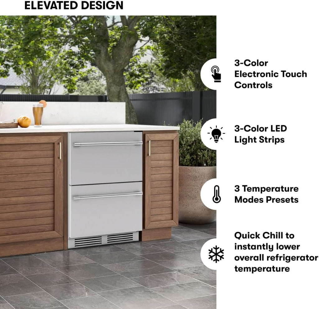 Zephyr Presrv 24 Inch Outdoor Dual Zone Refrigerator Drawers Wine & Beverage Fridge, Stainless Steel Wine Cooler Home Bar Under Counter Freestanding Built in, Energy Star Certified, 5.1 Cu. Ft