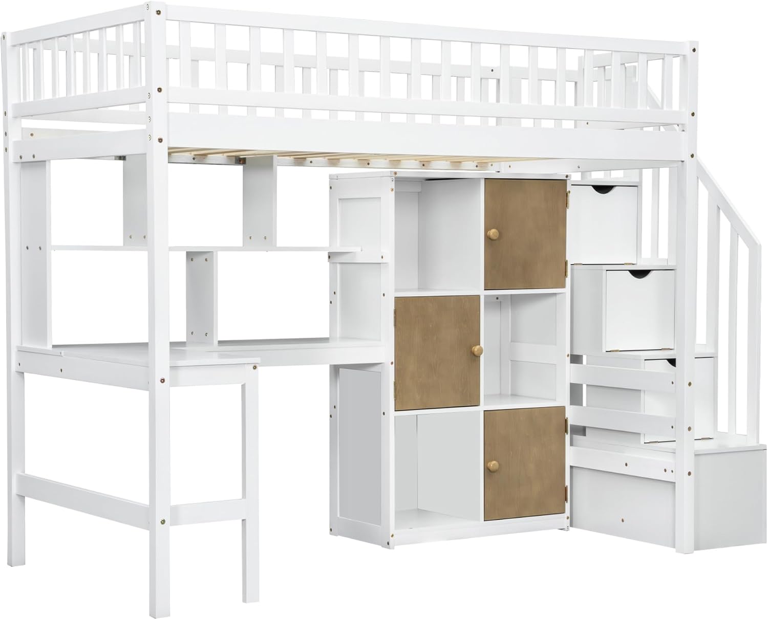 MERITLINE Twin Loft Bed with L-Shaped Desk and Storage Stairs &LED Lights, Solid Wood High Loft Bed with Stairs and Storage Shelves &Cabinets for Teens Adults,Bedroom, Dormitory (White)