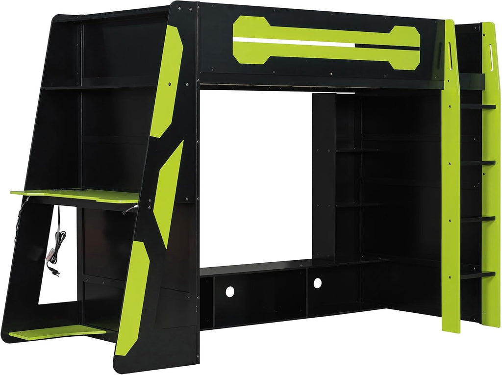 LUMISOL Twin Size Gaming Loft Bed with Desk, RGB LED Lights & Charging Stations, Wood Loft Bed Frame with Storage Bookshelves for Kids, Teens & Adults, Green + Black