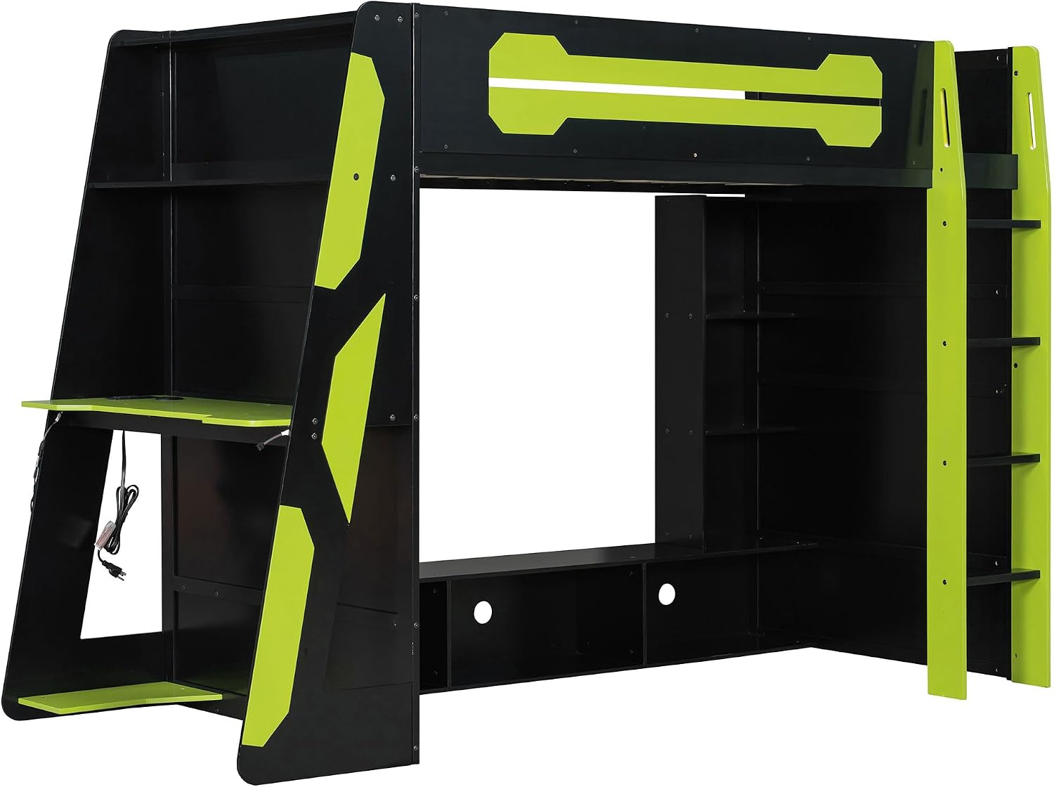 LUMISOL Twin Size Gaming Loft Bed with Desk, RGB LED Lights & Charging Stations, Wood Loft Bed Frame with Storage Bookshelves for Kids, Teens & Adults, Green + Black