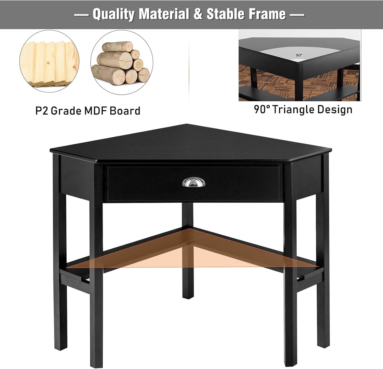 Corner Computer Desk, Space-Saving Corner Table with Drawer & Shelves, Home Office 90° Triangle Corner Workstation, Modern Makeup Vanity Table, Small Corner Desk for Small Spaces (Black)