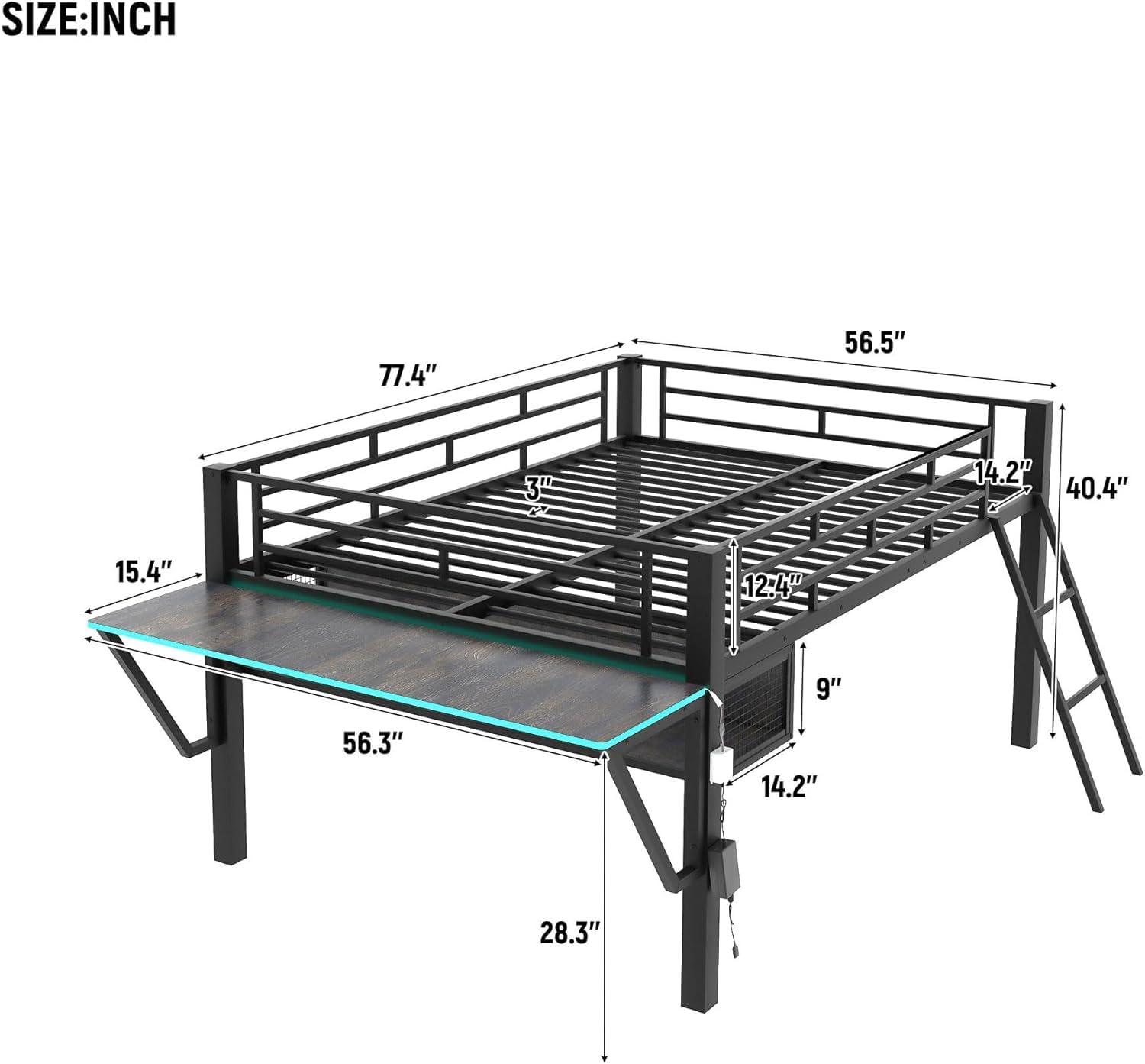 Linique Full Size Gaming Loft Bed with Desk, LED and Staircase, Metal Bed Frame with Vented Mesh Undercarriage Storage, Black