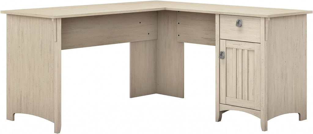 Bush Home L Shaped Desk with Storage for Home Office, Modern Farmhouse Corner Table with Drawers and Cabinets, Salinas Collection, Antique White