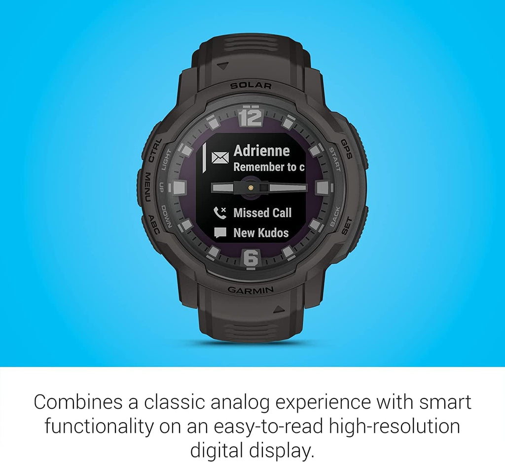 Garmin Instinct Crossover Solar Rugged Hybrid Smartwatch with Solar Charging Capabilities Graphite with Watch Charging Stand, 2-Port Car Adapter, Wall-Adapter & Watch Cleaning Kit (010-02730-11)