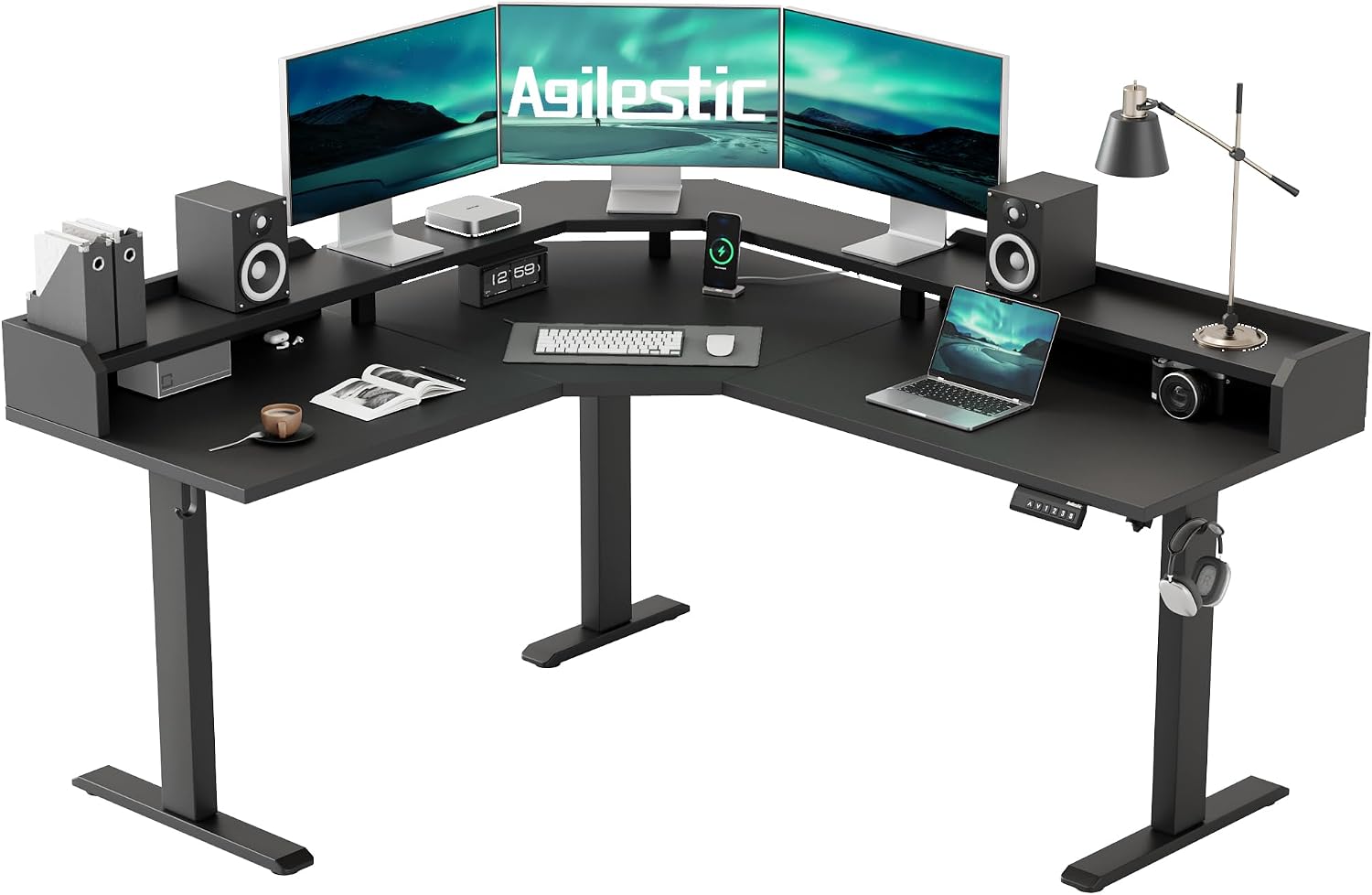 Agilestic L Shaped Standing Desk, Adjustable Height Corner Gaming Desk with Shelf, Sit Stand Up Desk, 63 x 55 Inch Home Office Computer Table, Black