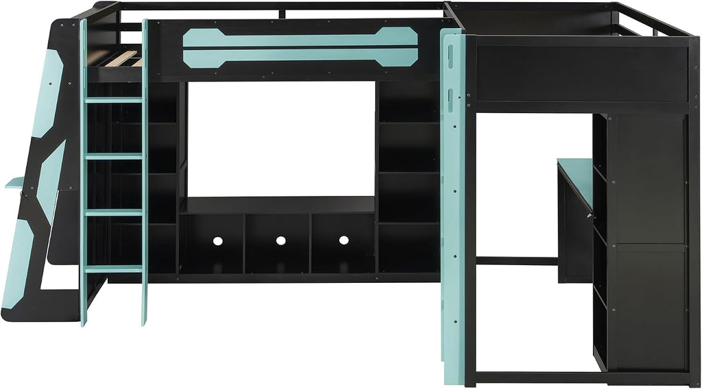 Merax Twin Size Gaming Loft Bed with Desk, TV Stand and Storage Shelves, Solid Wood Dual Twin Bed Frame with RGB LED Lights & USB Ports for Teens Bedroom, Space-Saving Design, Reversible Layout, Blue