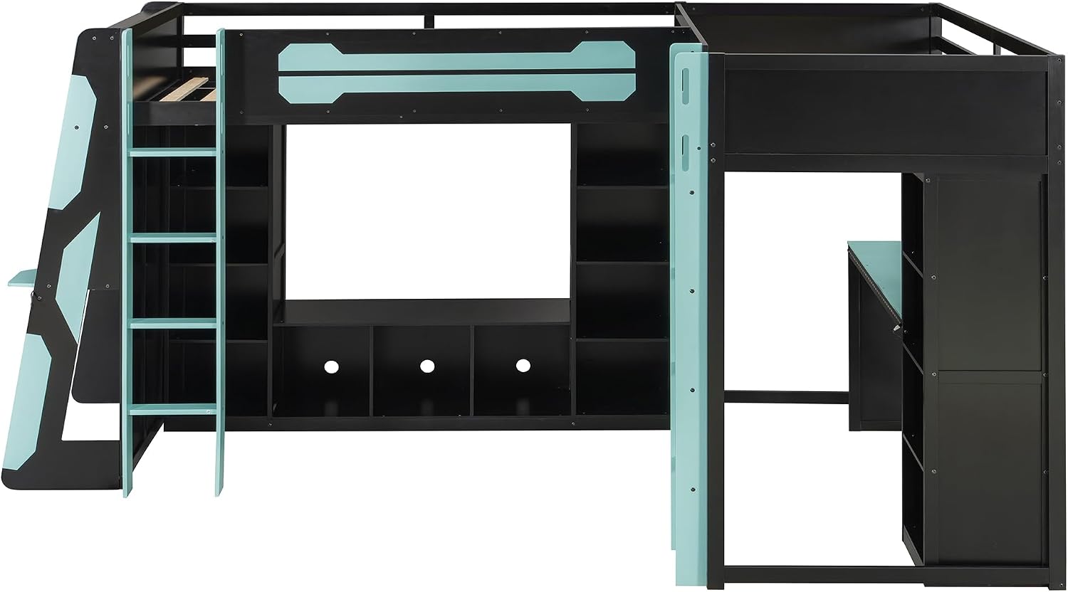 Merax Twin Size Gaming Loft Bed with Desk, TV Stand and Storage Shelves, Solid Wood Dual Twin Bed Frame with RGB LED Lights & USB Ports for Teens Bedroom, Space-Saving Design, Reversible Layout, Blue