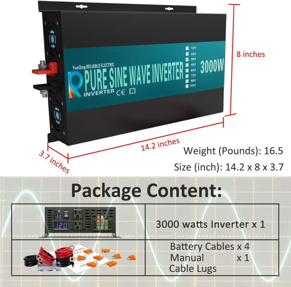 WZRELB 3000W 12V Pure Sine Wave Solar Power Inverter DC AC Converter (RBP300012W),Black