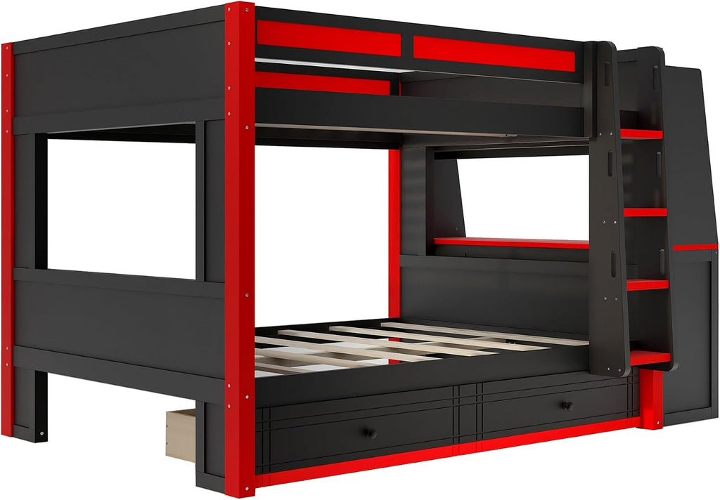Full Size Multifunctional Bunk Bed with LED Light, Desk and Bookshelves, Drawers, Space-Saving Wooden Bunk Bed for Kids & Teens