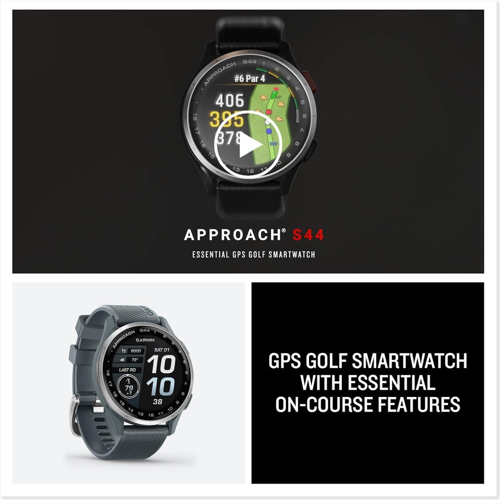 Garmin Approach S44 Essential Golf Watch with GPS, AMOLED Display, On-Course Features, Sports and Fitness Smartwatch, Silver Aluminum Bezel with Twilight Silicone Band Bundle