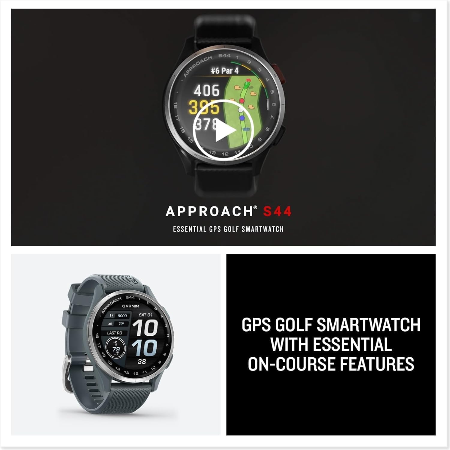 Garmin Approach S44 Essential Golf Watch with GPS, AMOLED Display, On-Course Features, Sports and Fitness Smartwatch, Silver Aluminum Bezel with Twilight Silicone Band Bundle