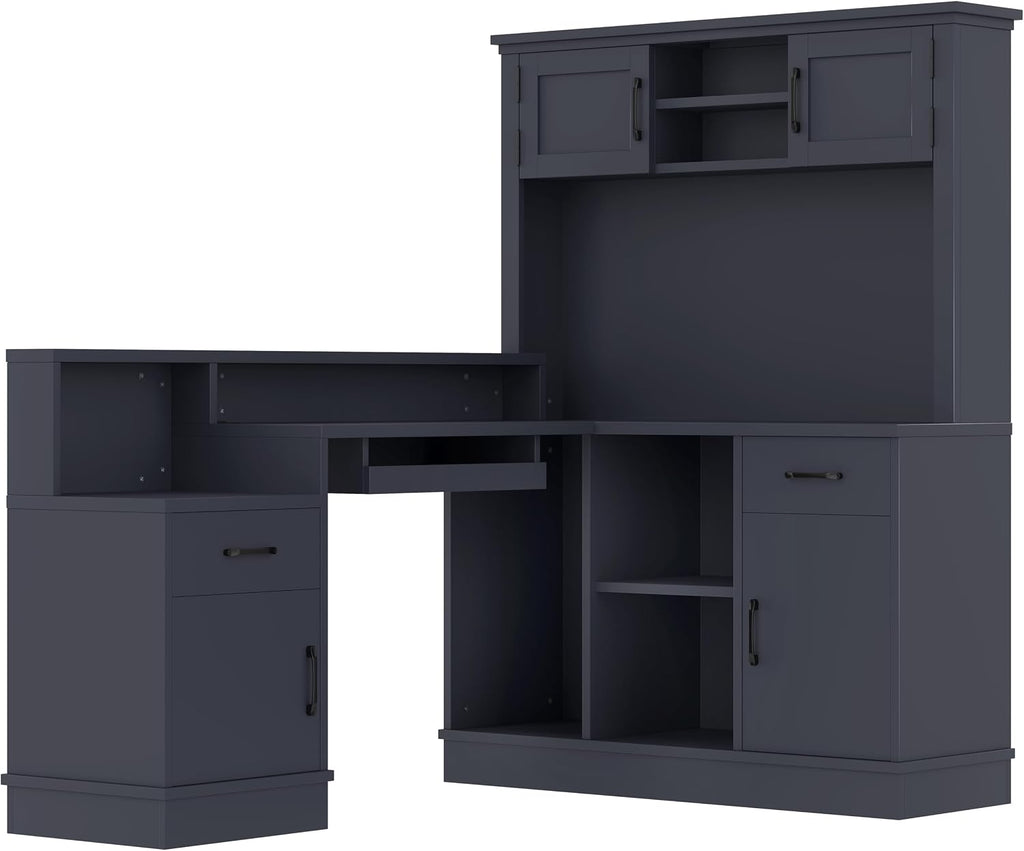 Bellemave L-Shaped Computer Desk with Power Outlet & Storage - Modern Corner Gaming Desk with Bookshelf and Drawers, Study Writing Workstation for Home Office, Blue
