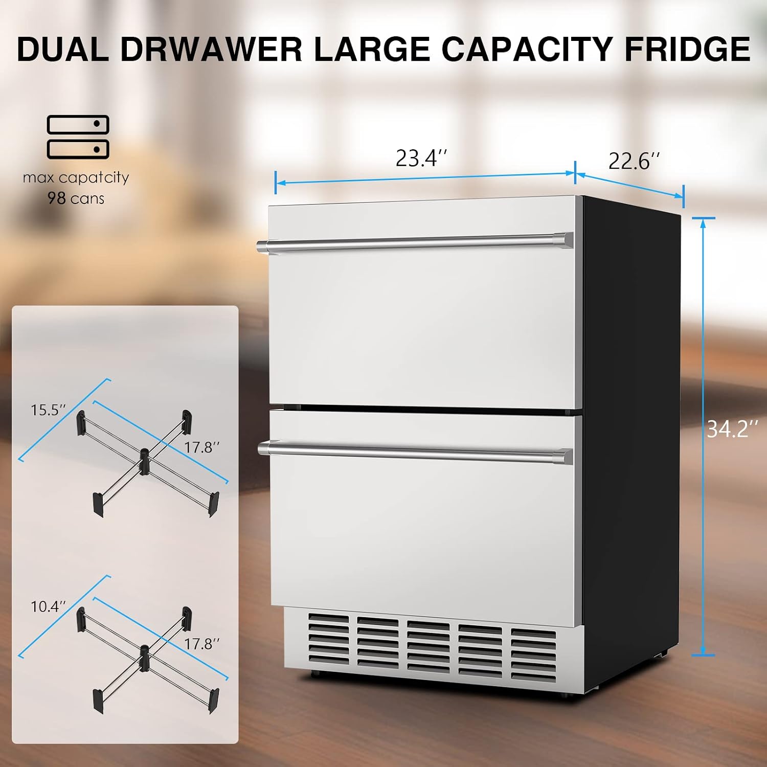 Mojgar 24' Under Counter Beverage Refrigerator, Indoor/Outdoor Fridge with Double Drawer Storage, Quiet 38dB Compressor & Weather-Proof Stainless Steel – Beverage Fridge for Home, Patios, Restaurants