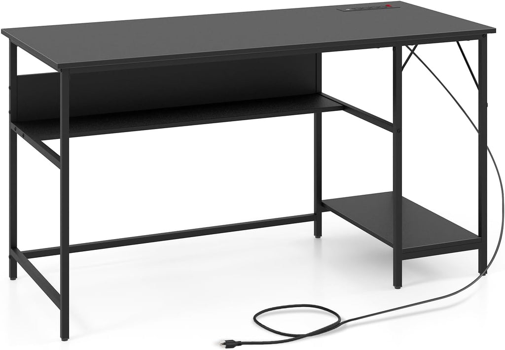 Tangkula 55 Inch Computer Desk with Power Outlets & USB Ports, Home Office Desk with Built in Charging Station with Switch, Computer Workstation Writing Study Desk with Storage Shelf & CPU Stand