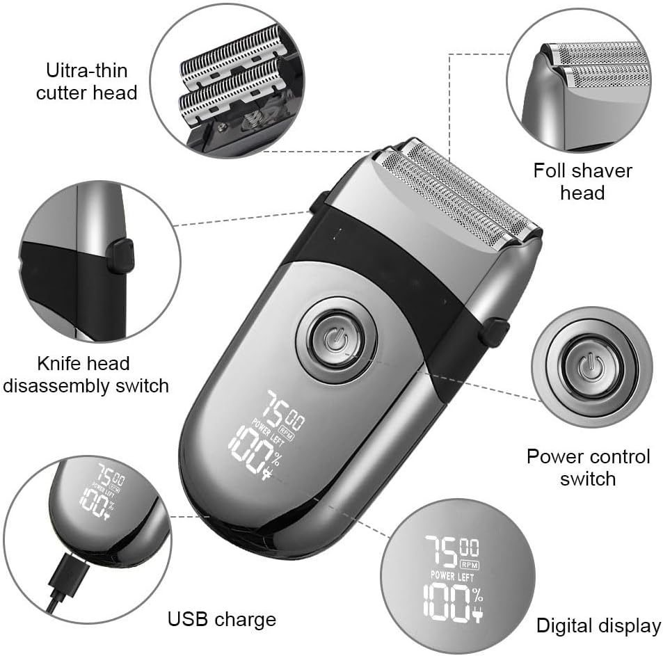 Electric Foil Shaver for Men: Portable Razor for Beard/Face - 3 Floating Blade LED Display Fast Rechargeable IPX7 Waterproof for Travel & Home Carbon