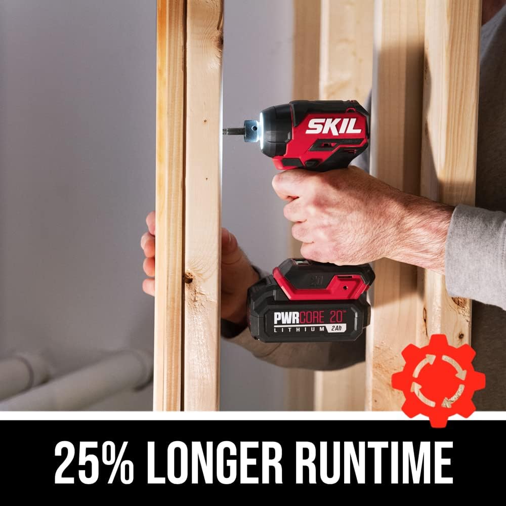 SKIL PWR CORE 20 Brushless 20V Compact Drill Driver and Impact Driver Kit, Includes 2.0Ah Battery and PWR Jump Charger - CB8437B-10