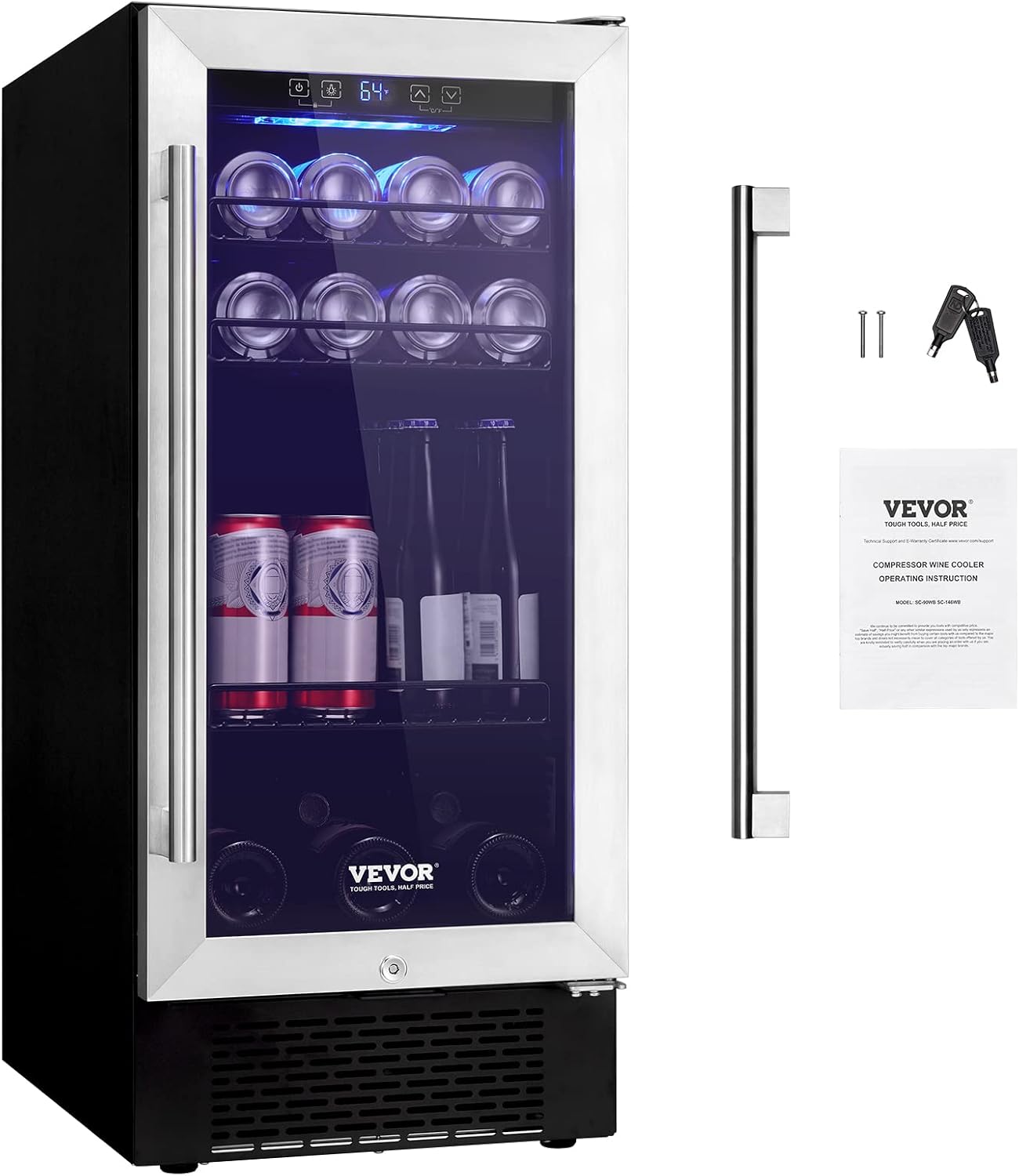 VEVOR 15' Beverage Refrigerator, 96 Cans Under Counter Built-in or Freestanding Beer Fridge, Blue LED Light, Adjustable Shelves, Child Lock, ETL