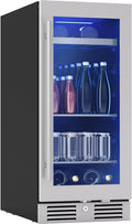 Zephyr Presrv 15' Slim Wine Fridge & Beverage Refrigerator Single Zone Under Counter - Narrow Mini Wine Cooler Small Beer Cabinet Drink Chiller Freestanding with Glass Door, 4 bottles, 64 cans