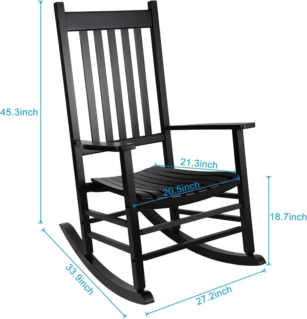 Wooden Rocking Chair Set - 2 Wooden Porch Rockers With Outdoor Side Table, Perfect for Indoor or Outdoor, All Weather Rocker for Garden, Lawn, Balcony, Backyard, Patio (Black)