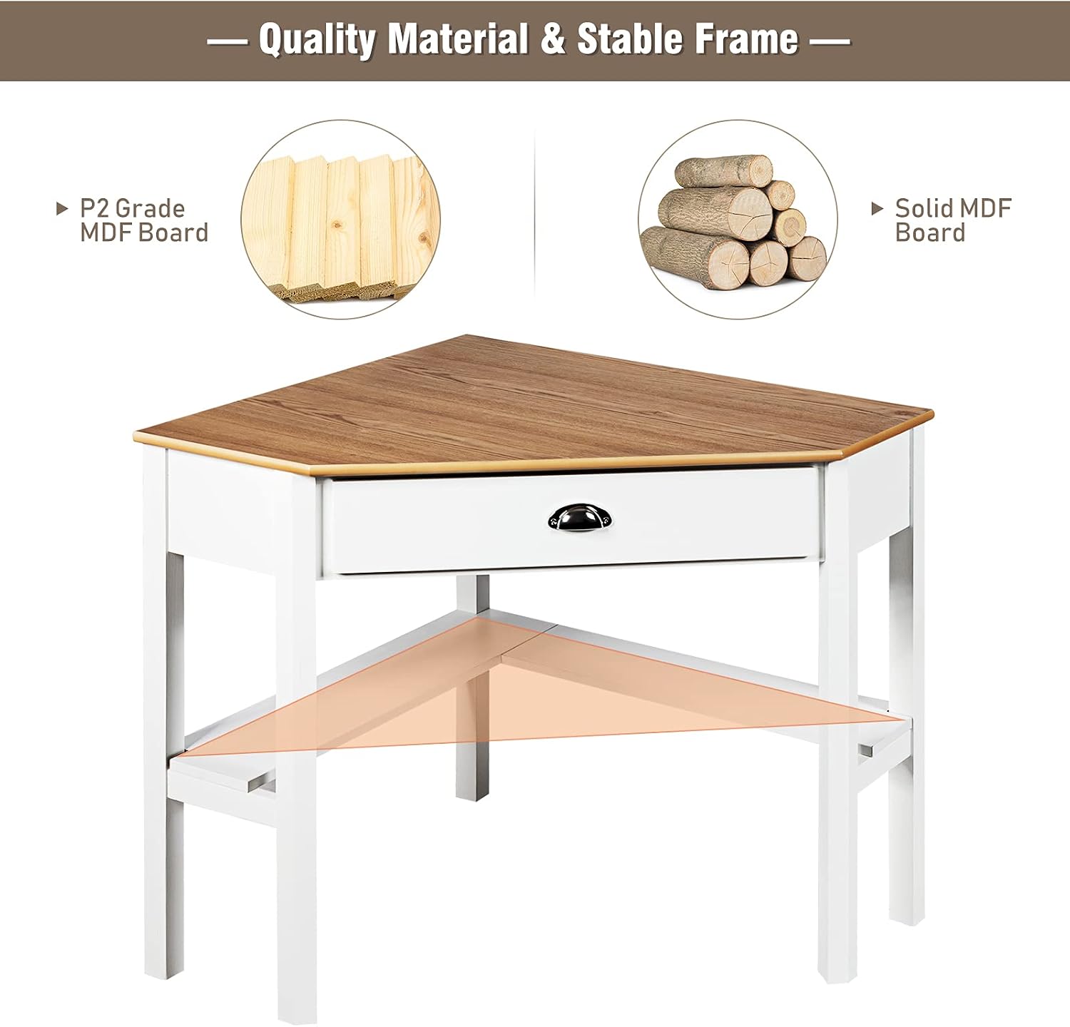COSTWAY Corner Desk with Drawer for Small Space, Writing & Office Use, White Wooden Vanity Desk (Natural)