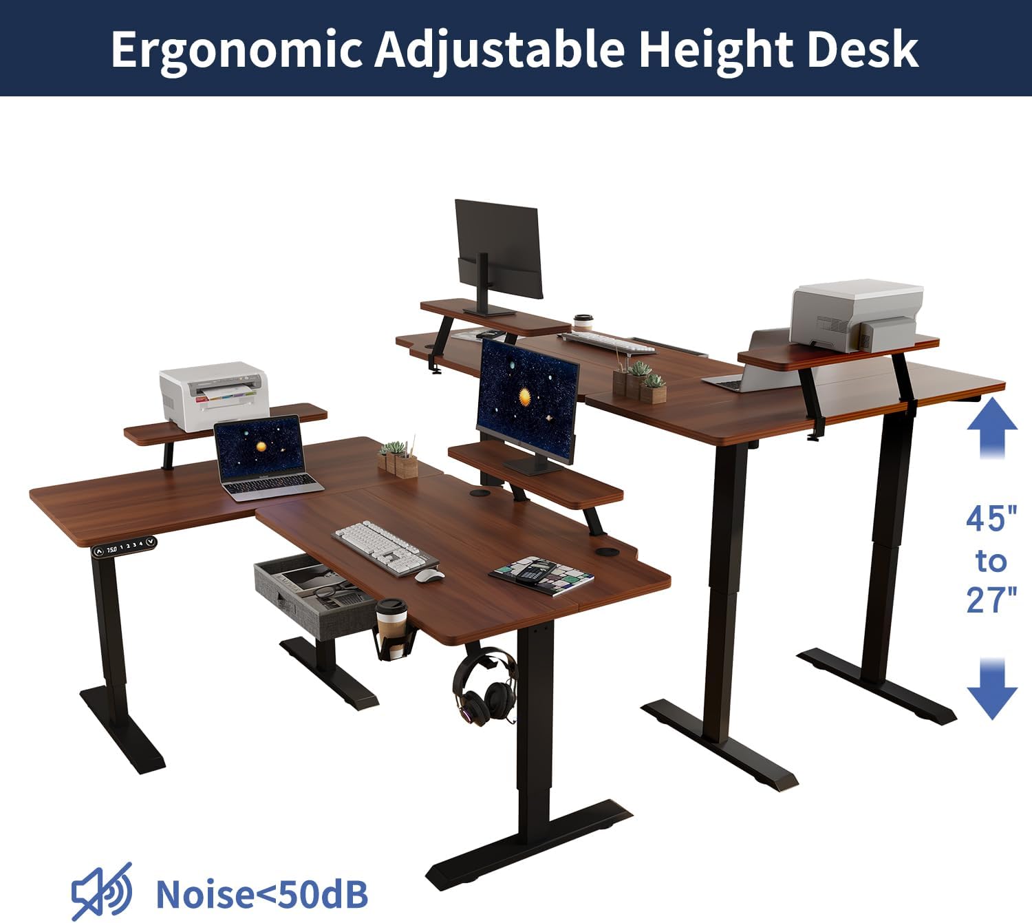 L Shape Standing Desk with Drawer, 63x47 Inches Height Adjustable Sit Stand Up Desk with Storage Shelf, Home Office Desk Computer Workstation with Walnut Top/Black Frame