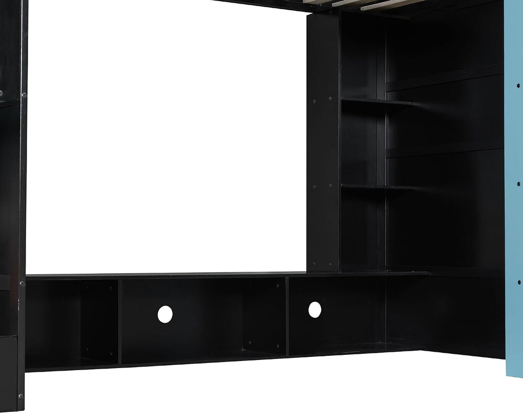 Merax Wood Loft Bed with Desk, Multi-Storage Shelves and RGB Light, Twin Size, Cloud Blue