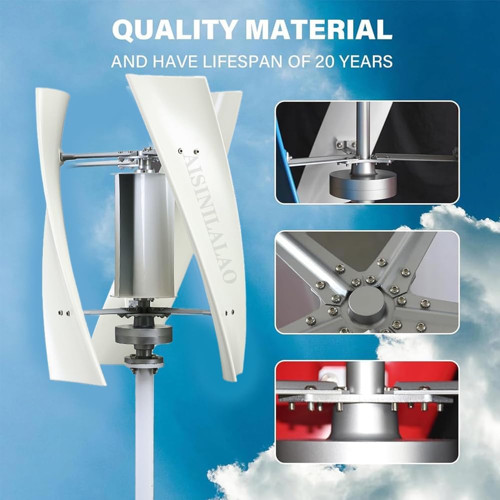 New Energy Outdoor Vertical Wind Turbine Generator Kit, 3000W 12V 24V 48V Low Noise Energy Generator with Controller Low Wind Speed Start Rooftop Wind Turbine