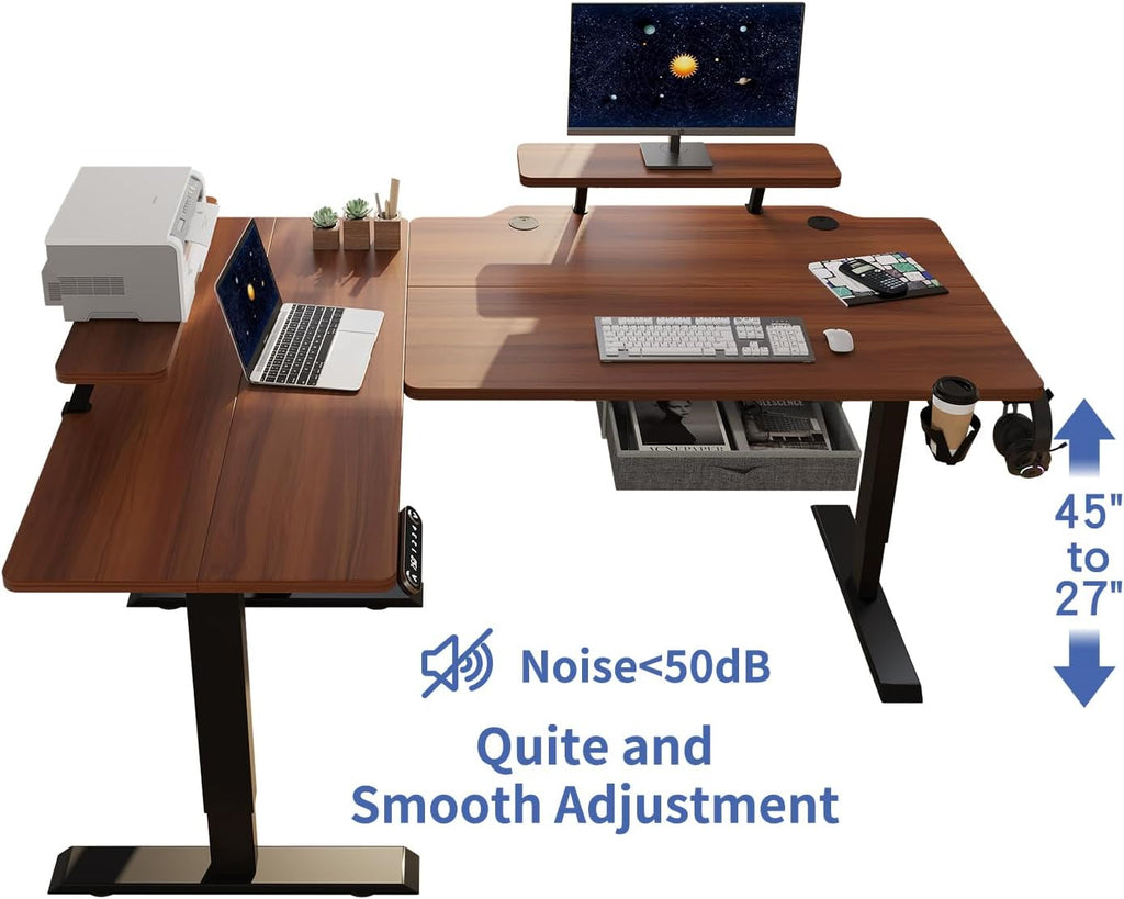 L Shape Standing Desk with Drawer, 63x47 Inches Height Adjustable Sit Stand Up Desk with Storage Shelf, Home Office Desk Computer Workstation with Walnut Top/Black Frame