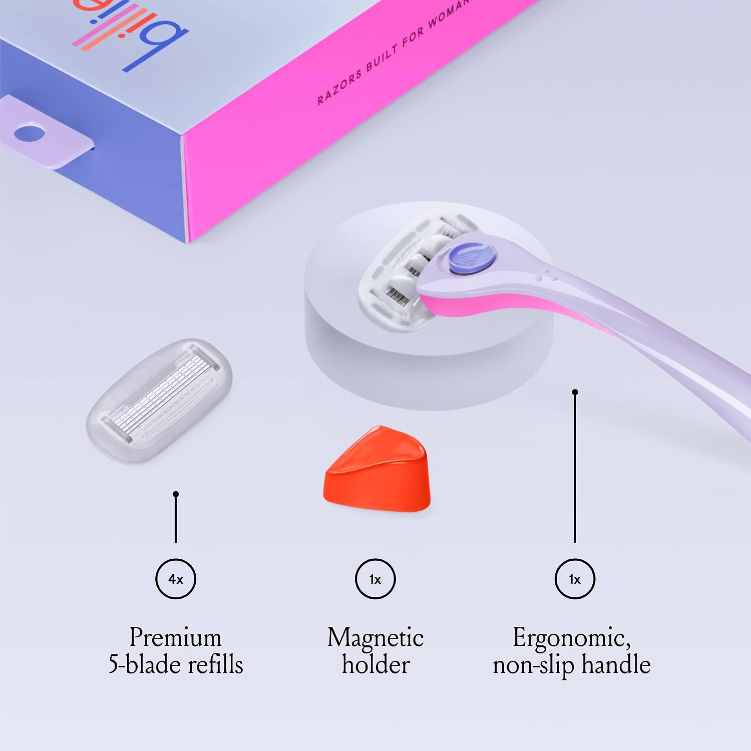 Billie Razors for Women Shave Kit – Women's Razor + 4 x 5-Blade Razor Refills + Magnetic Holder – DreamPop,(Pack of 12)