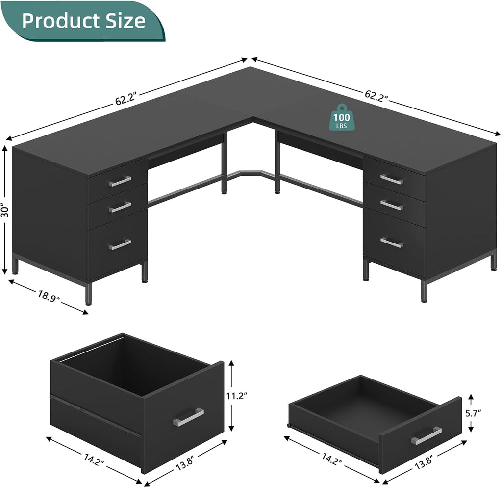 TVU 59'' L Shaped Desk with 6 Wood Drawers, Large Home Office Corner Computer Desk with Storage File Cabinet, Modern Metal Wood Desk for Executive Writing Study Workstation, Black