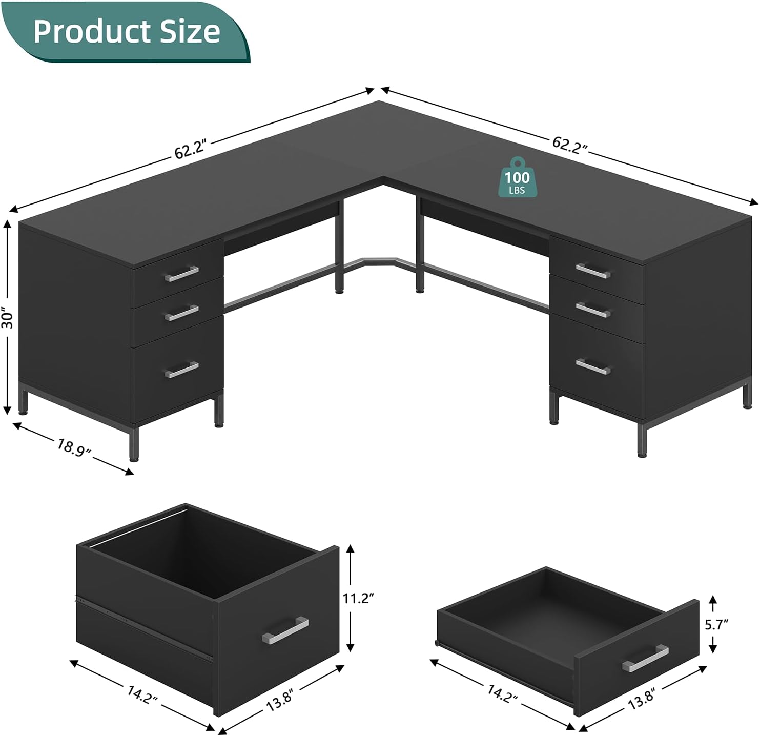 TVU 59'' L Shaped Desk with 6 Wood Drawers, Large Home Office Corner Computer Desk with Storage File Cabinet, Modern Metal Wood Desk for Executive Writing Study Workstation, Black