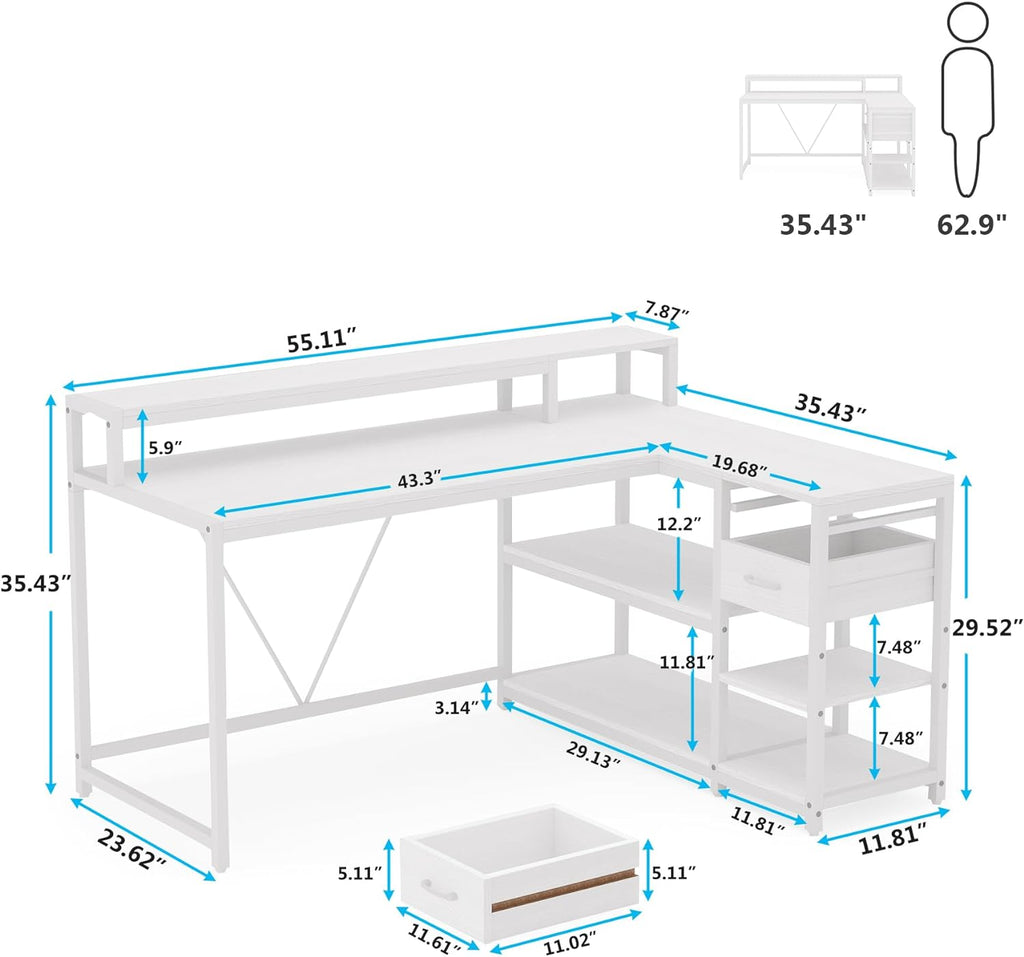 Tribesigns 55-inches Reversible L Shaped Desk with Drawer, Modern White L Corner Desk Home Office Table with Storage Shelves and Monitor Stand, Wooden and Metal PC Desk for Small Space