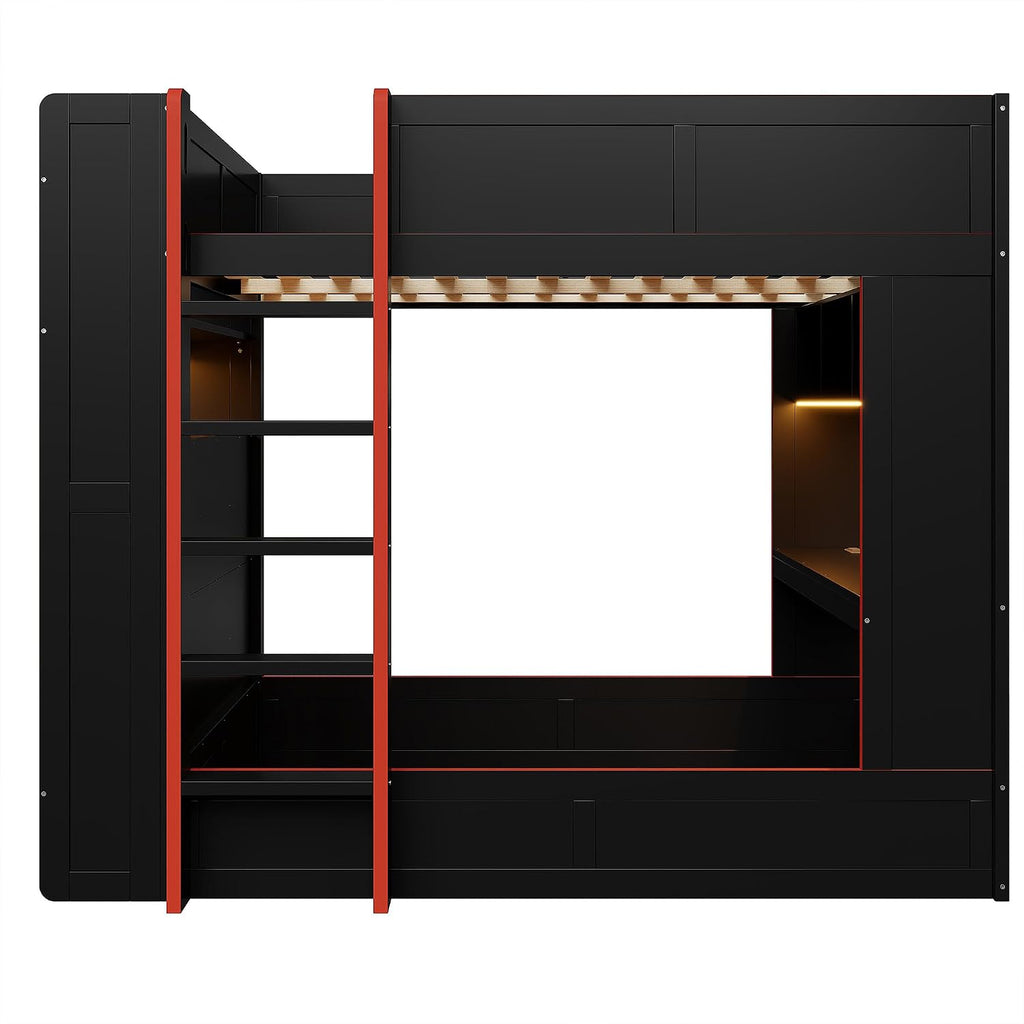 Versatile Wood Full Size Gaming Bunk Bed with Desk, Storage Shelves, LED and Charging Station,for Kids Teens Adults Bedroom Use (Black#T, Full)