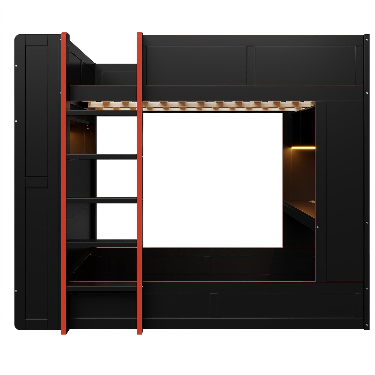 Versatile Wood Full Size Gaming Bunk Bed with Desk, Storage Shelves, LED and Charging Station,for Kids Teens Adults Bedroom Use (Black#T, Full)