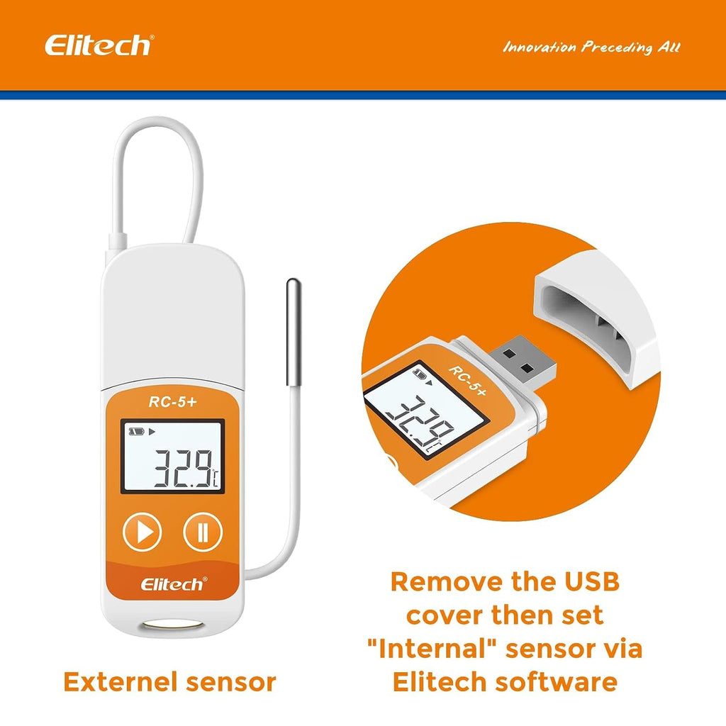 Elitech RC-5+ TE Digital PDF USB Temperature Data Logger Reusable Recorder Refrigerator Thermometer 32000 Points High Accuracy (Extra External Sensor)-50Pack