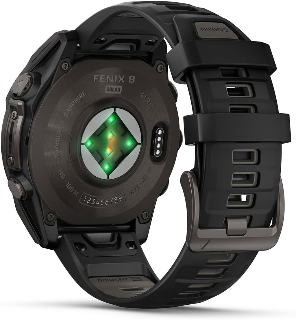 PlayBetter Garmin Fenix 8 Solar Sapphire (47mm, Carbon Gray DLC Titanium) Multisport GPS Smartwatch Bundle - 1.4' Touchscreen, Built-in LED Flashlight Wireless Running Earbuds