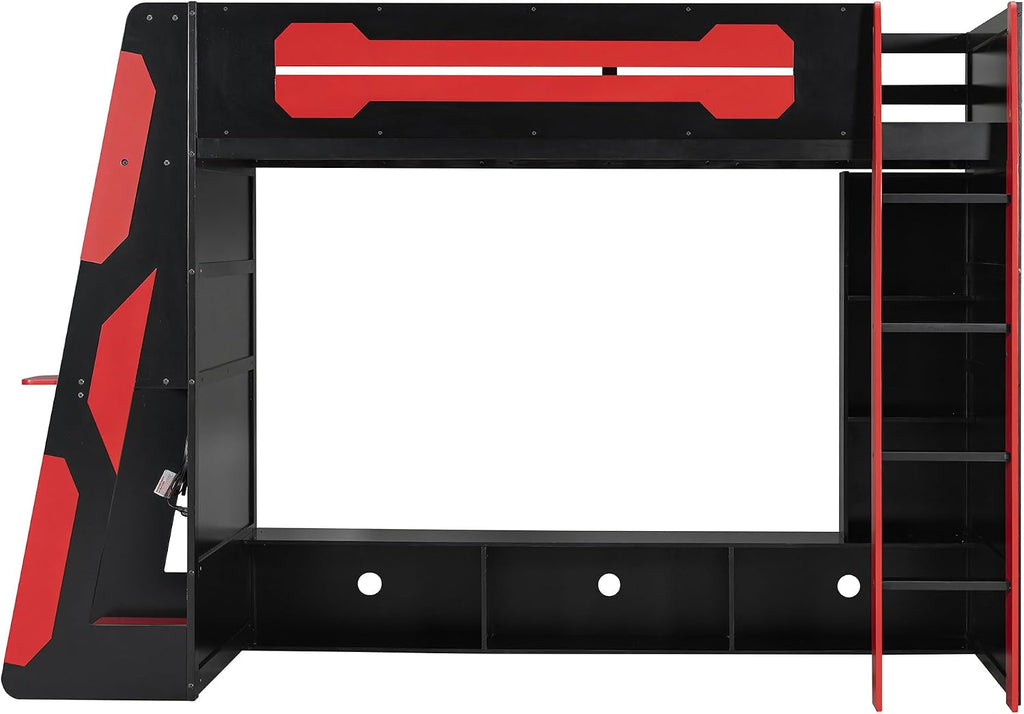 LUMISOL Twin Size Gaming Loft Bed with Desk, RGB LED Lights & Charging Stations, Wood Loft Bed Frame with Storage Bookshelves for Kids, Teens & Adults, Red + Black