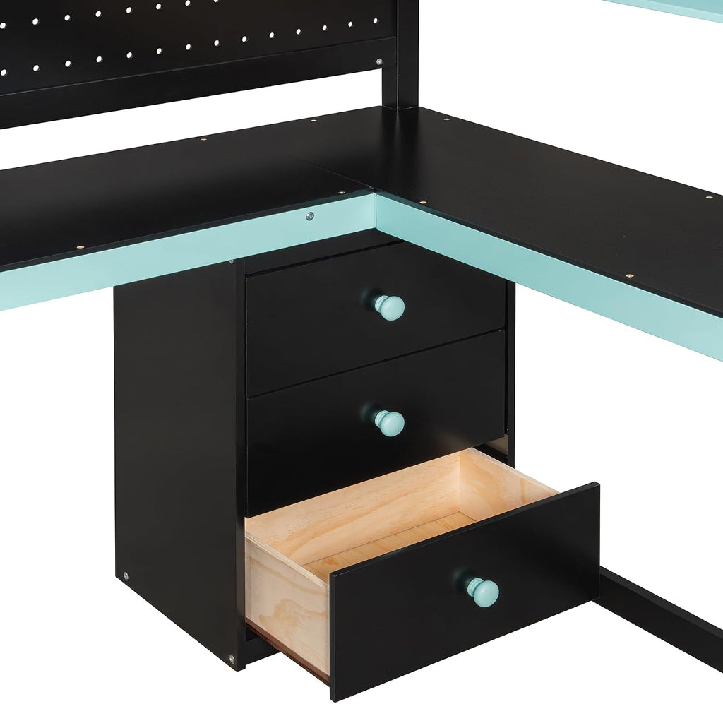 VilroCaz Modern Full Size Gaming Loft Bed with Built-in Desk, Shelves & Pegboard, Wood Loft Bed Frame with Storage Stairs for Kids Teens Adults, Maximize Space Saving (Black+Blue-S, Full)