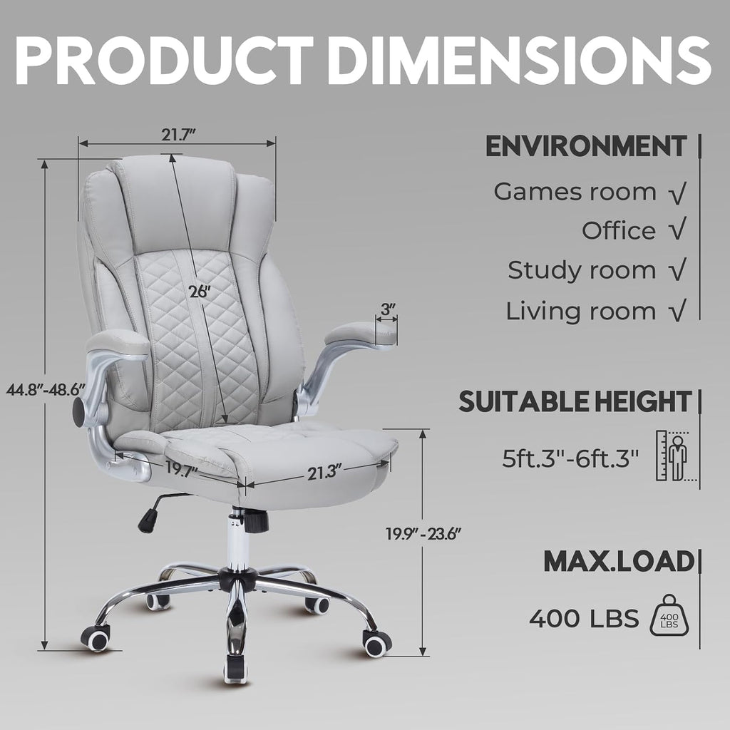 400lbs Executive Office Chair with Flip-Up Armrests, Big and Tall Computer Chair for Heavy People, Heavy Duty Ergonomic Comfy Chair, Breathable PU Leather (Grey)
