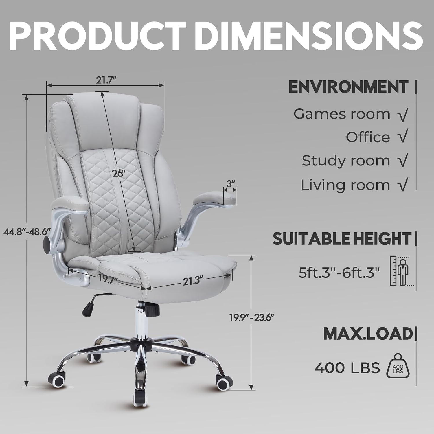 400lbs Executive Office Chair with Flip-Up Armrests, Big and Tall Computer Chair for Heavy People, Heavy Duty Ergonomic Comfy Chair, Breathable PU Leather (Grey)