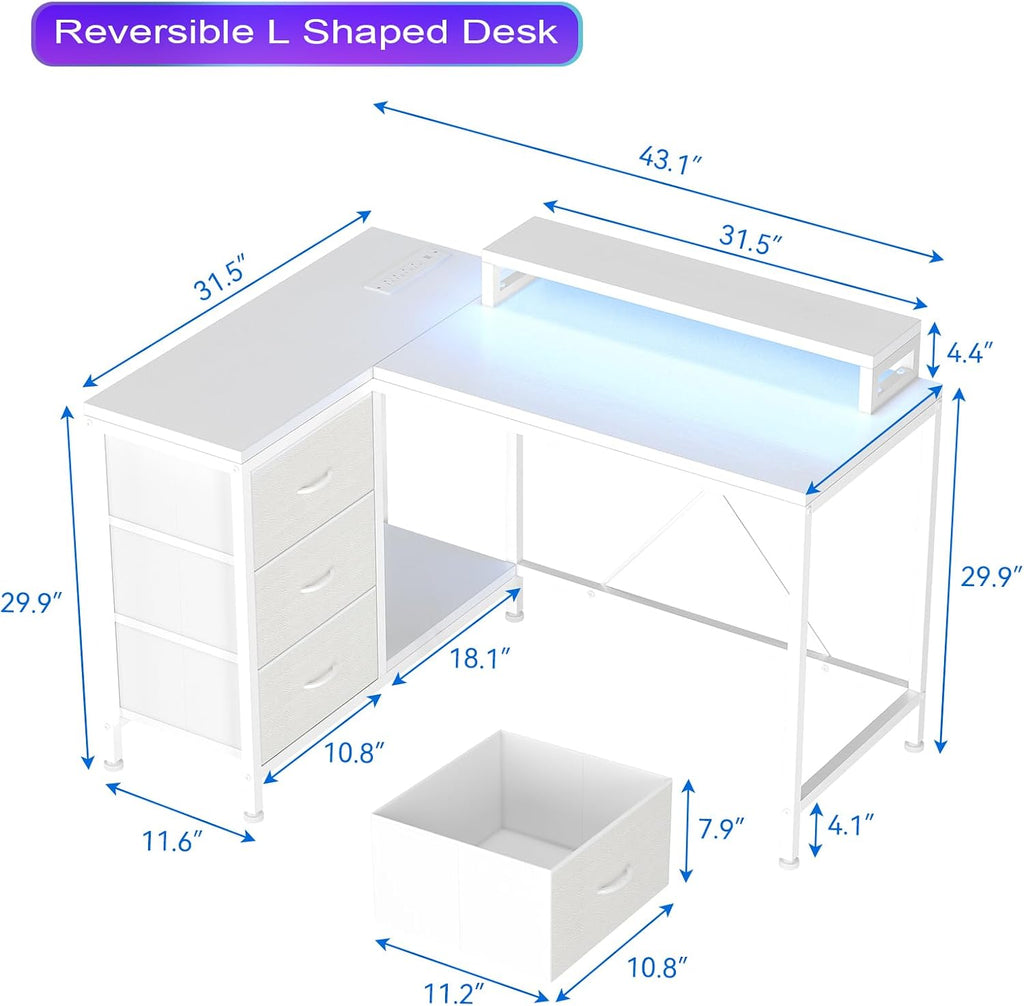 L Shaped Office Desk with Power Outlets, Computer Desk with Drawers, Shelves, for Gaming, Corner Work, Home Office, Study