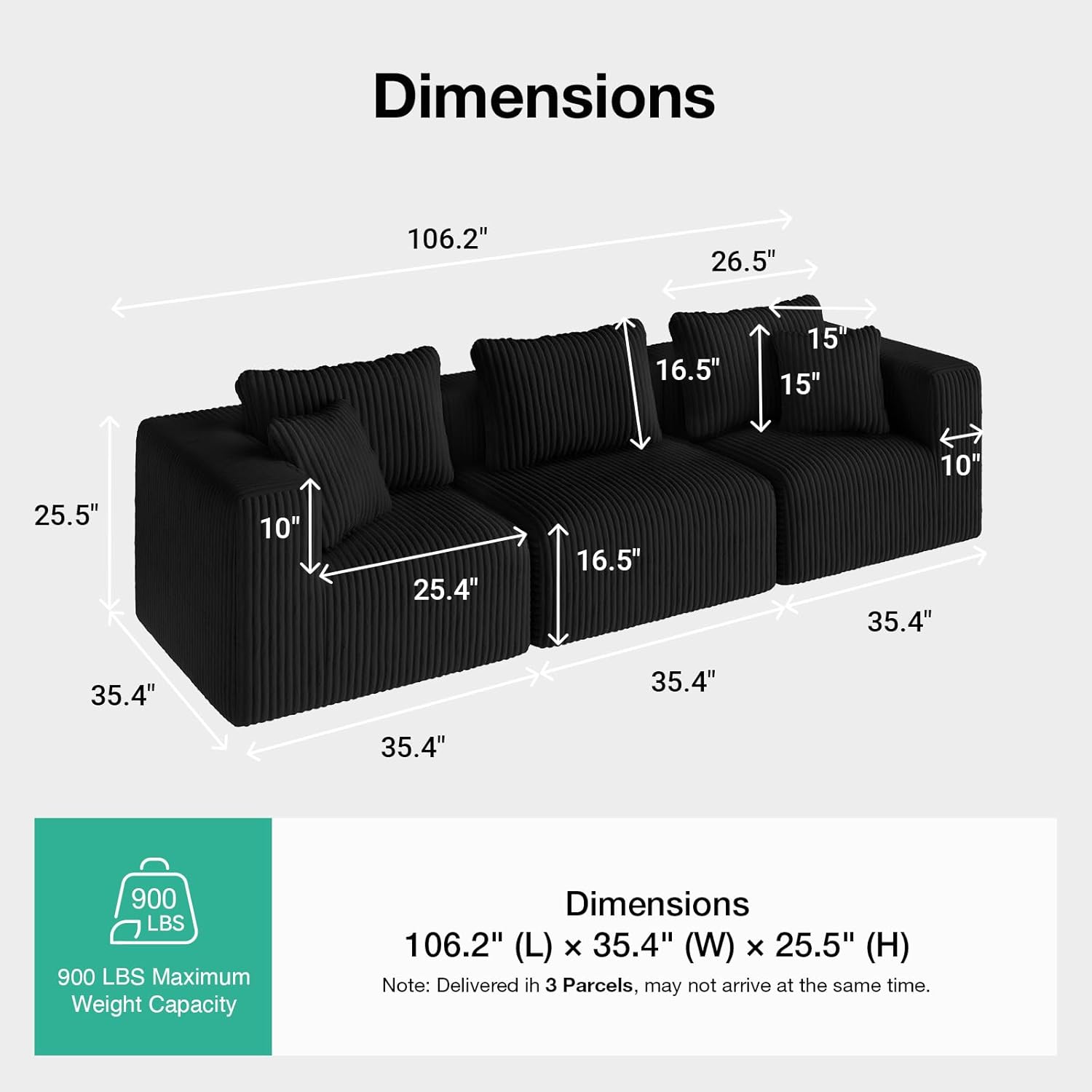 Novilla 106' Modular Sectional Sofa, Modern Cloud Sectional Couch with Smarts Coil® Support, Upholstered Boneless Couch for Living Room Apartments Bedroom, No Assembly Required (3 Seat)