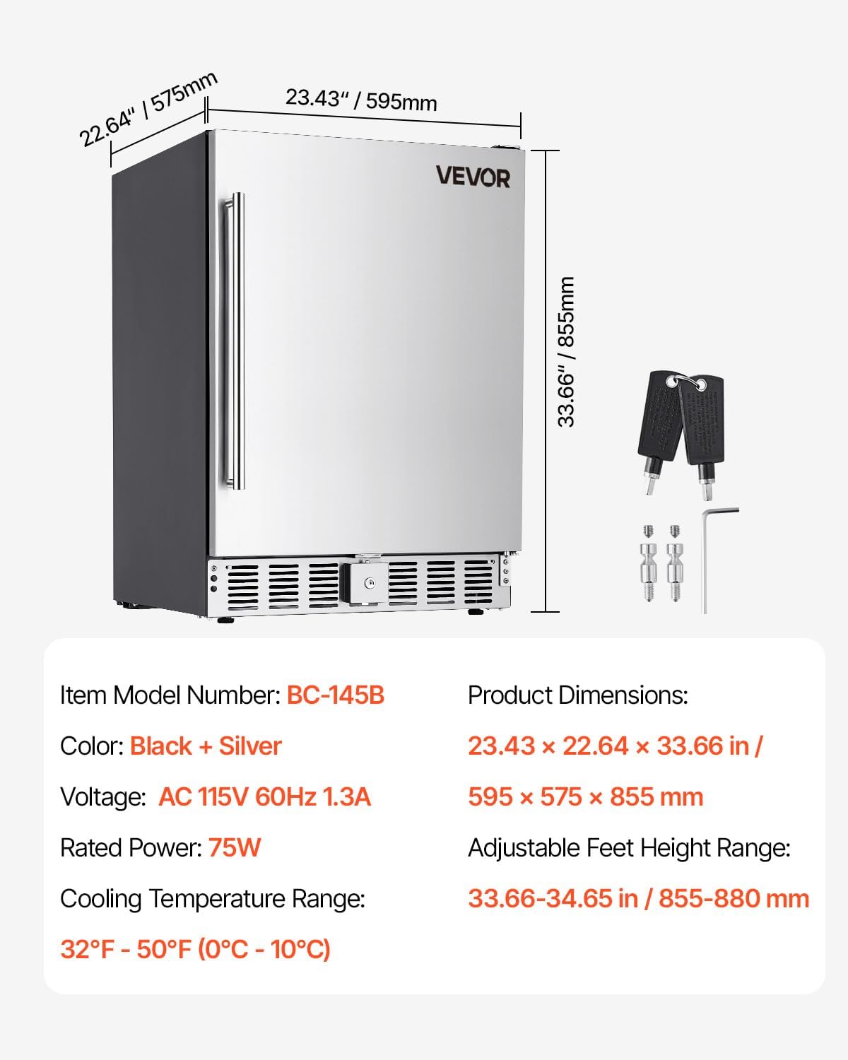 VEVOR 24-Inch Outdoor Beverage Refrigerator, 150 QT Built-in Drink Fridge, 0.56 kWh/Day Energy-Efficient Cooler with 304 Stainless Steel Door, Holds 180 Cans for Outdoor Kitchen, Home Bar, Patio