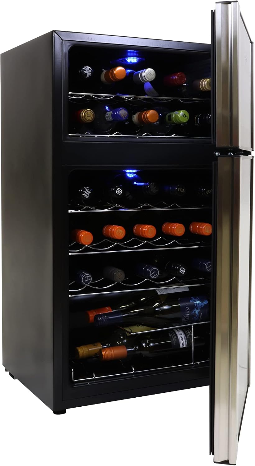 Koolatron 29 Bottle Dual Zone Wine Cooler, Black, 3 cu ft (86L) Compressor Wine Fridge, Freestanding Wine Cellar, Red, White, Sparkling Wine Storage in Home Bar, Kitchen, Apartment, Condo
