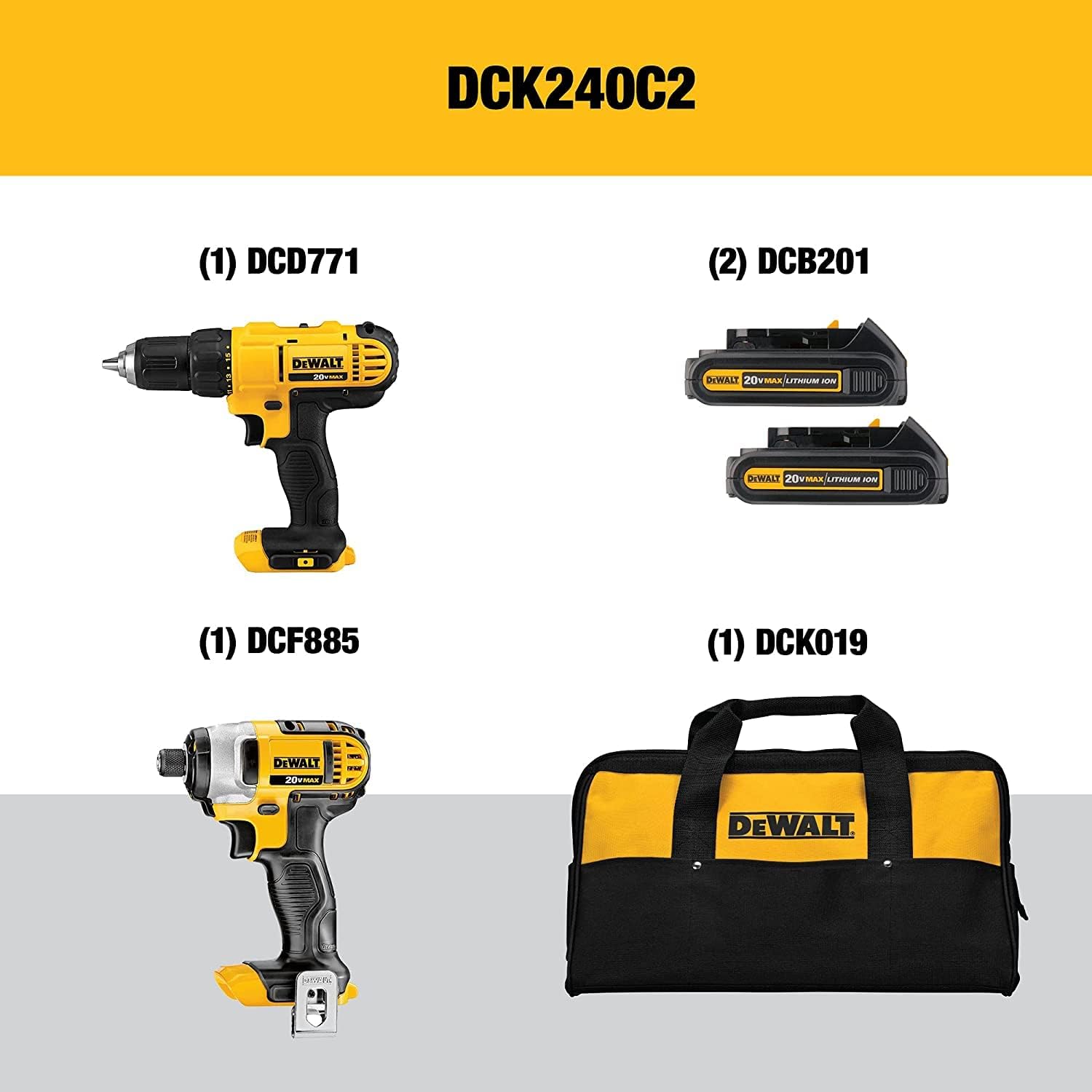 DEWALT 20V Max Cordless Drill Combo Kit, 2-Tool with 1.5 Ah 20V Li-Ion Compact Battery (DCK240C2 & DCB201)