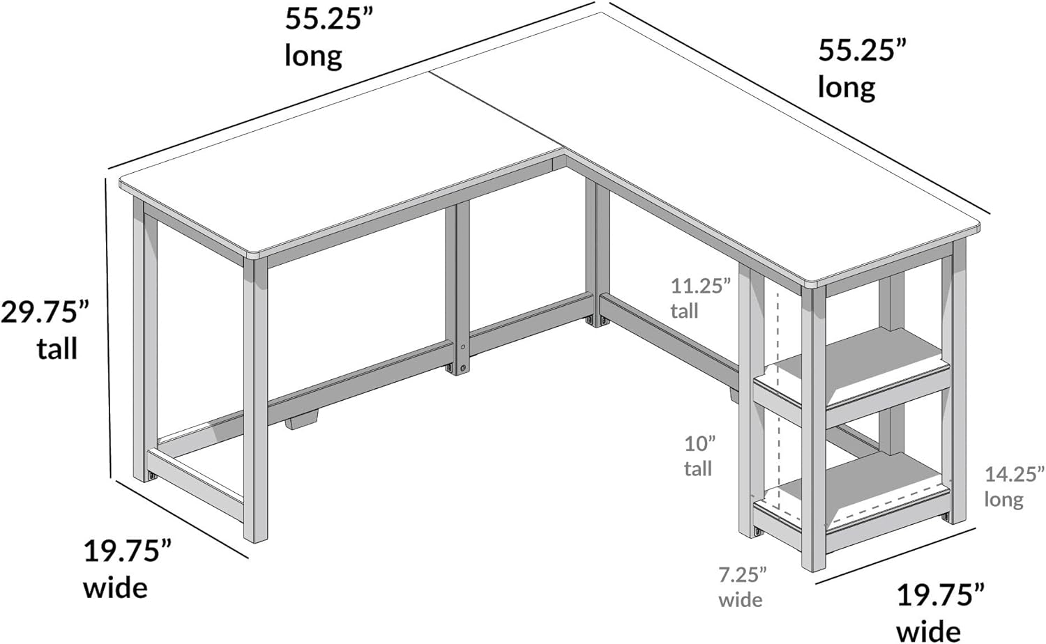 Plank+Beam Solid Wood Corner Desk with Shelves, L-Shaped Desk for Bedroom, Home Office Study Desk, 55.25 Inch