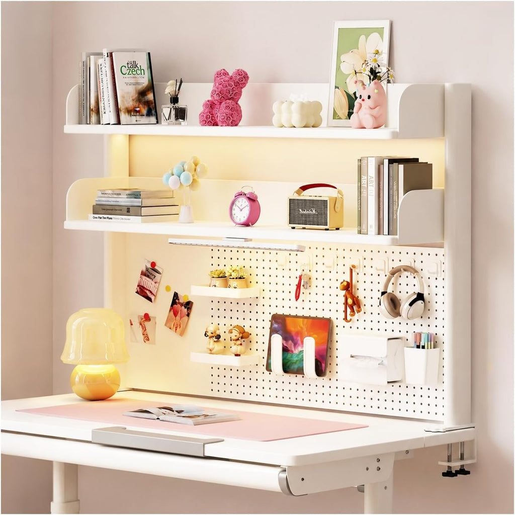 Clamp on Desk Shelf with Pegboard, Desktop Organization Bookshelf Storage Shelves for Home Office Dorm Gaming Desk, Space Saving Tabletop Display Rack