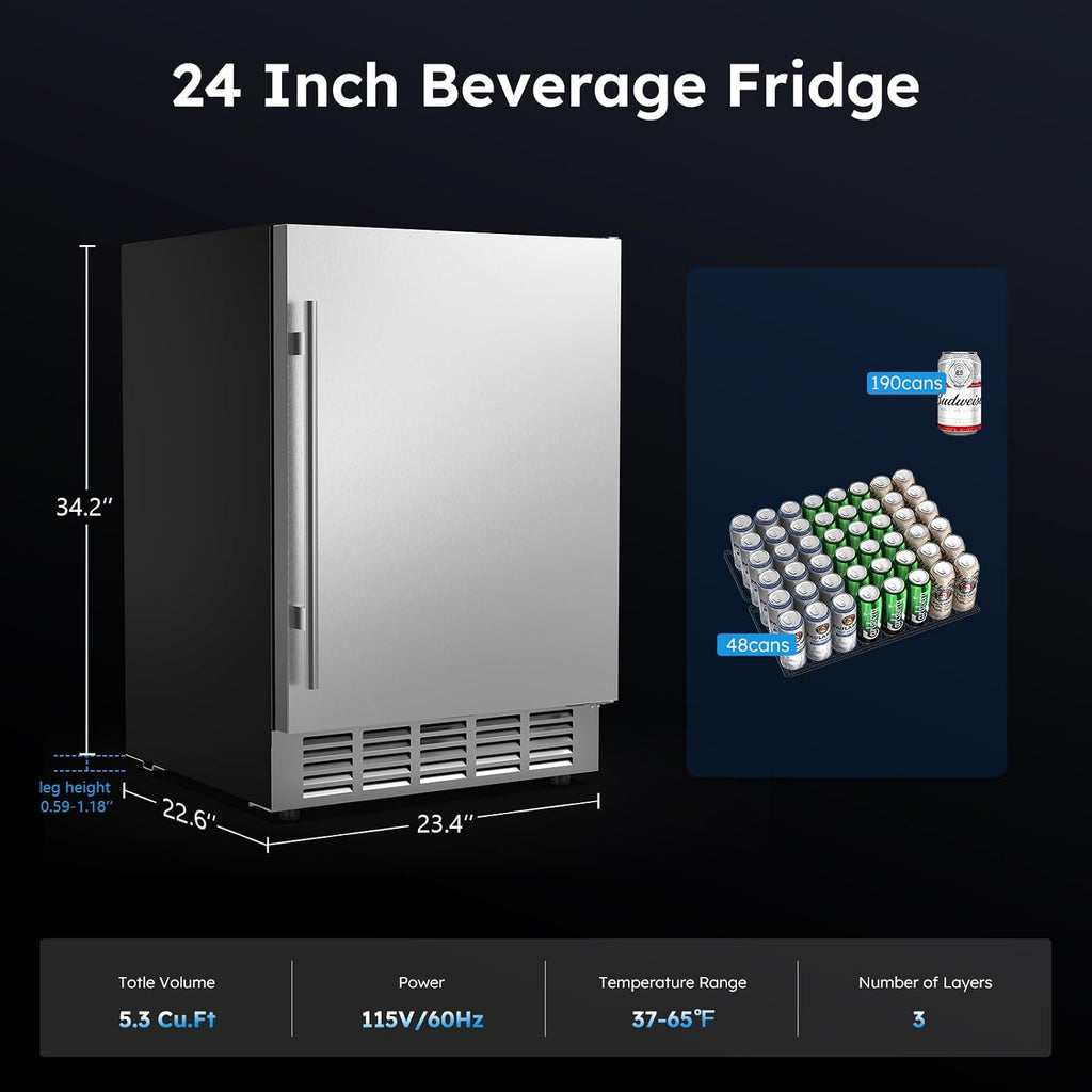 Mojgar 24 Inch Outdoor Beverage Fridge, Weather Proof Stainless Steel Beverage Cooler Under Counter Beer Fridge, Indoor/Outdoor Beverage Refrigerator for 190 Cans, Built-in/Freestanding (Foam Door)