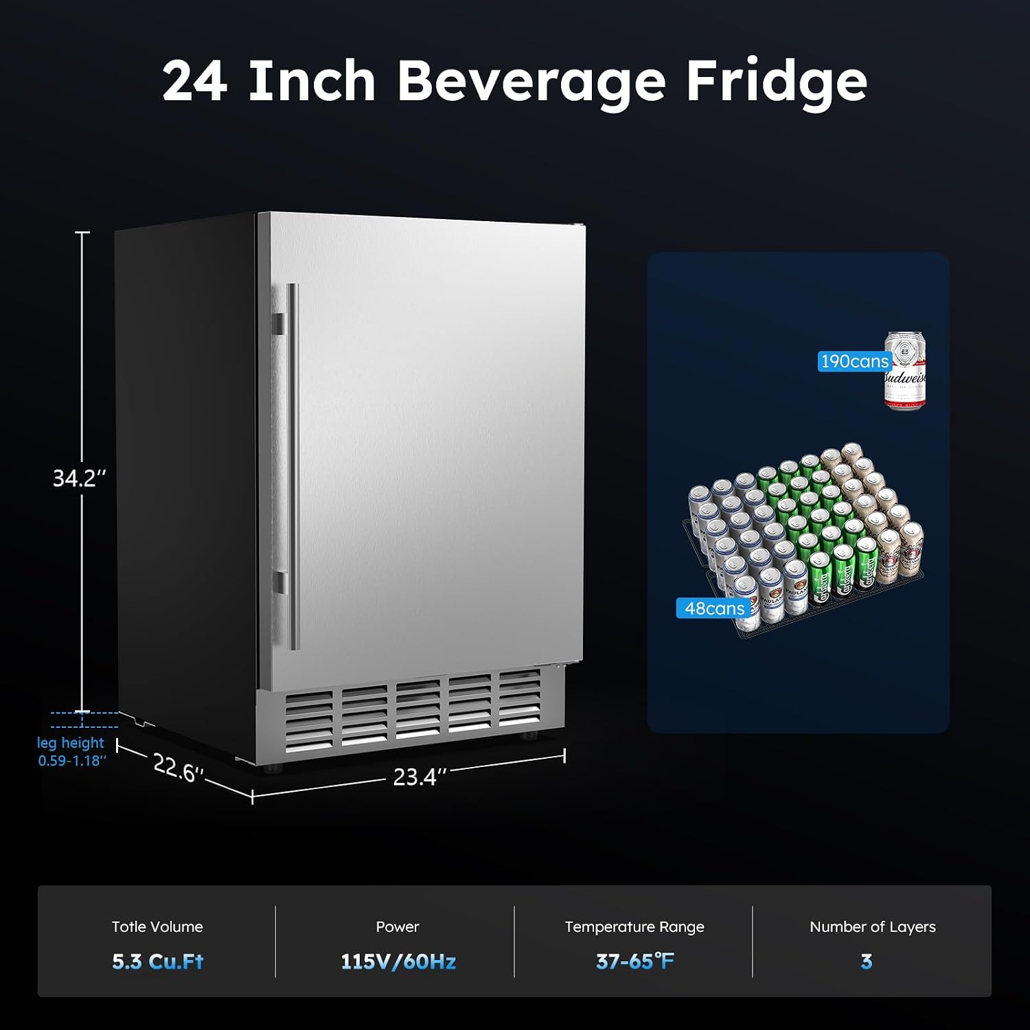 Mojgar 24 Inch Outdoor Beverage Fridge, Weather Proof Stainless Steel Beverage Cooler Under Counter Beer Fridge, Indoor/Outdoor Beverage Refrigerator for 190 Cans, Built-in/Freestanding (Foam Door)