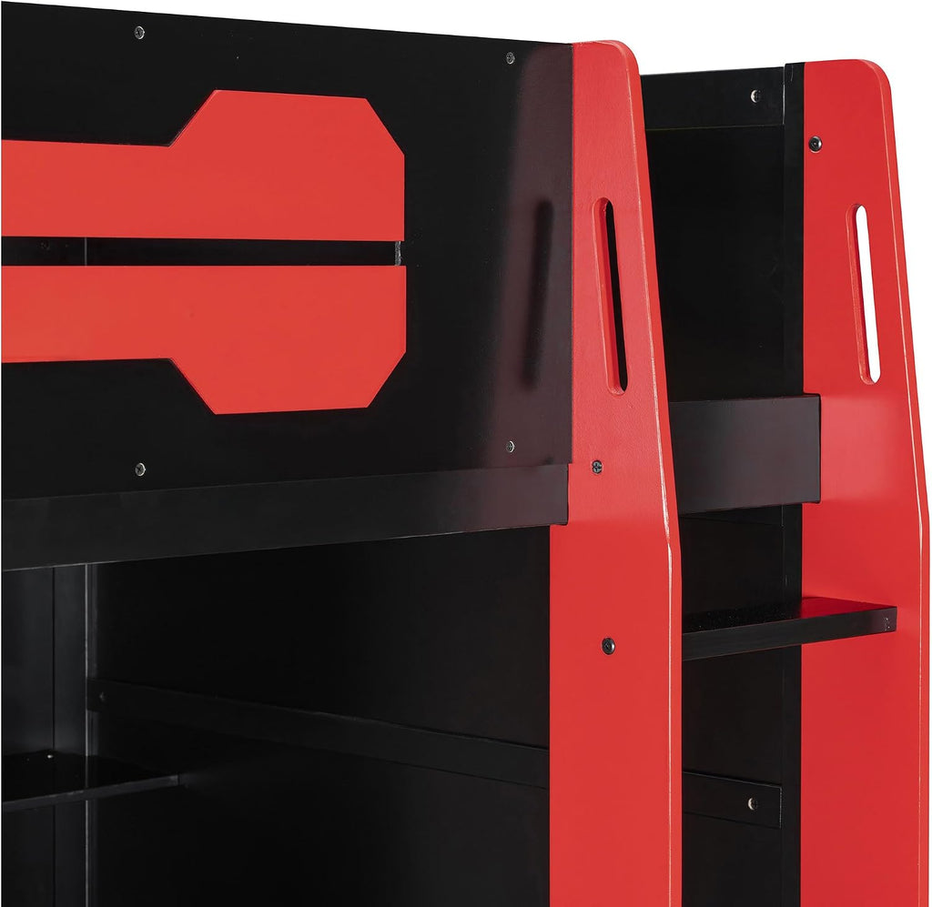 Merax Wood Loft Bed with Desk, Multi-Storage Shelves and RGB Light, Twin Size, Red